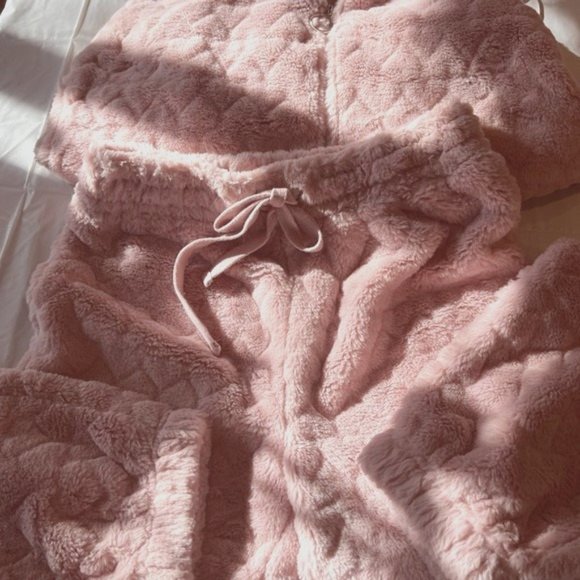 NWOT SET of [Crave Fame] Pink Sherpa Heart Print Zip-Up Hoodie & Pant - Sz M - Picture 8 of 9